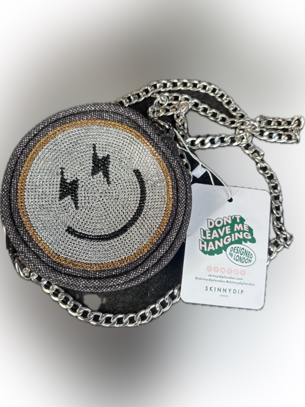 Skinnydip Black and Silver Smiley Coin Crossbody